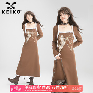 KEIKO 包臀长裙 创意蝴蝶结饰咖显瘦方领连衣裙25秋冬复古毛条修身
