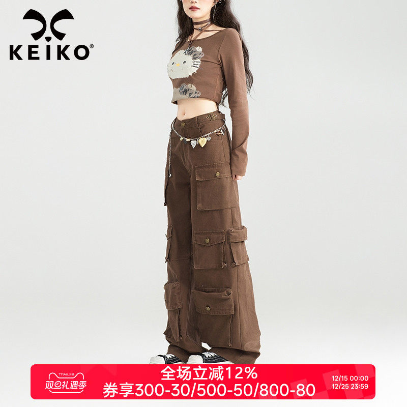 KEIKO 美式复古多口袋阔腿工装裤女25秋季宽松直筒休闲裤伞兵裤子