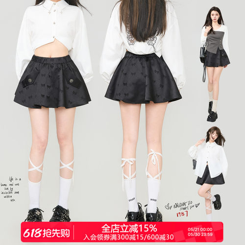 KEIKO黑色蝴蝶结显瘦百褶短裙
