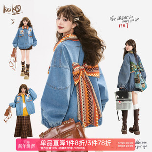 廓形棉服夹克 巨好看 KEIKO 少年感织花蝴蝶结饰牛仔外套秋冬新款