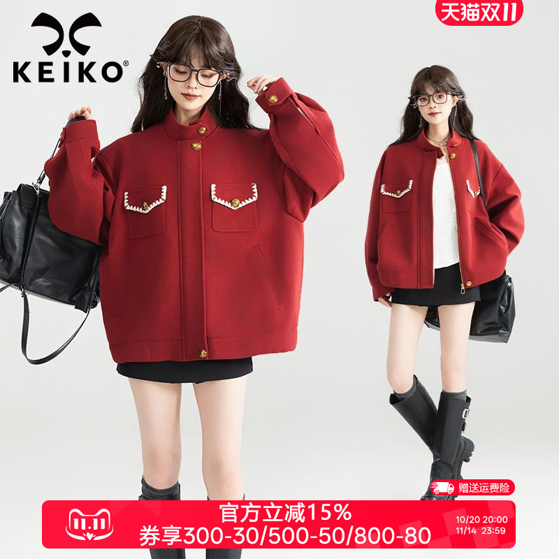 KEIKO美式休闲红色立领短款外套