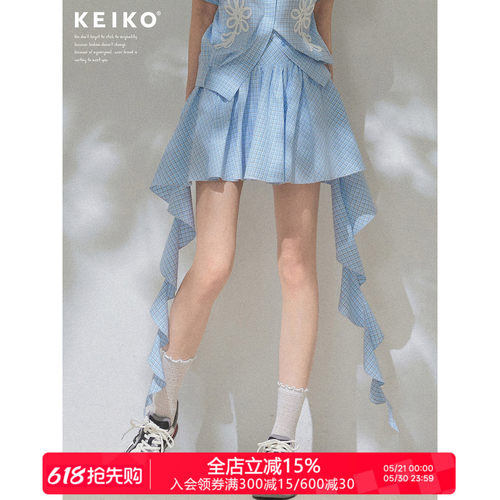 KEIKO海盐蓝色格子半身裙百褶裙