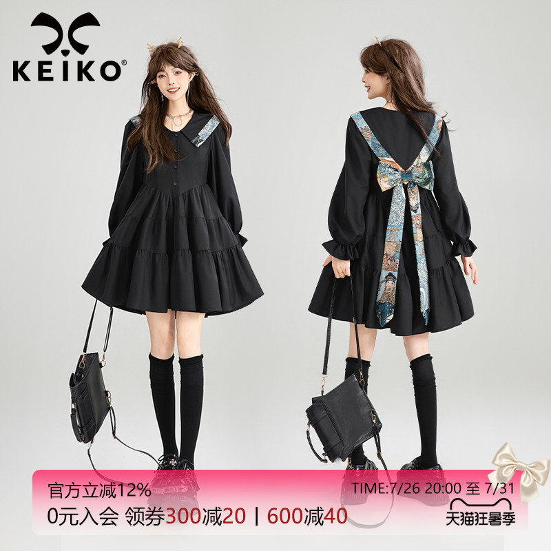 KEIKO 蝴蝶结girl 提花黑色连衣裙秋季层叠拼接A字蓬蓬蛋糕短裙子