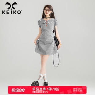 KEIKO 高智学院风娃娃领连衣裙夏季文艺感小个子抽绳收腰格子短裙