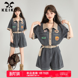 牛仔裤 连体裤 夏季 KEIKO 收腰显高显瘦连身衣短裤 工装 复古薄款 美式