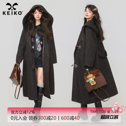 KEIKO 高级感人字纹连帽羊毛呢大衣秋冬复古牛角扣加厚斗篷外套