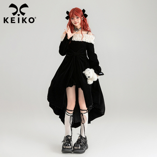 KEIKO 一字领拖尾礼服裙子 千金风黑色丝绒吊带连衣裙2025秋冬法式
