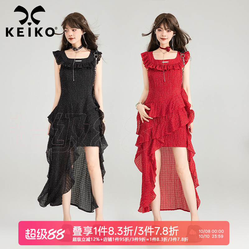 KEIKO 气质荷叶边短袖连衣裙夏季新款法式约会性感露背波点中长裙
