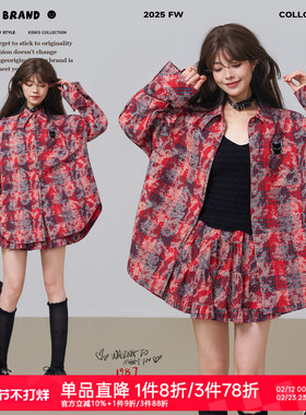 KEIKO 复古回潮红色格子印染长袖衬衫女春季韩系宽松纯棉休闲上衣