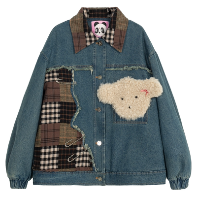 KEIKO美式复古贴布拼色牛仔外套