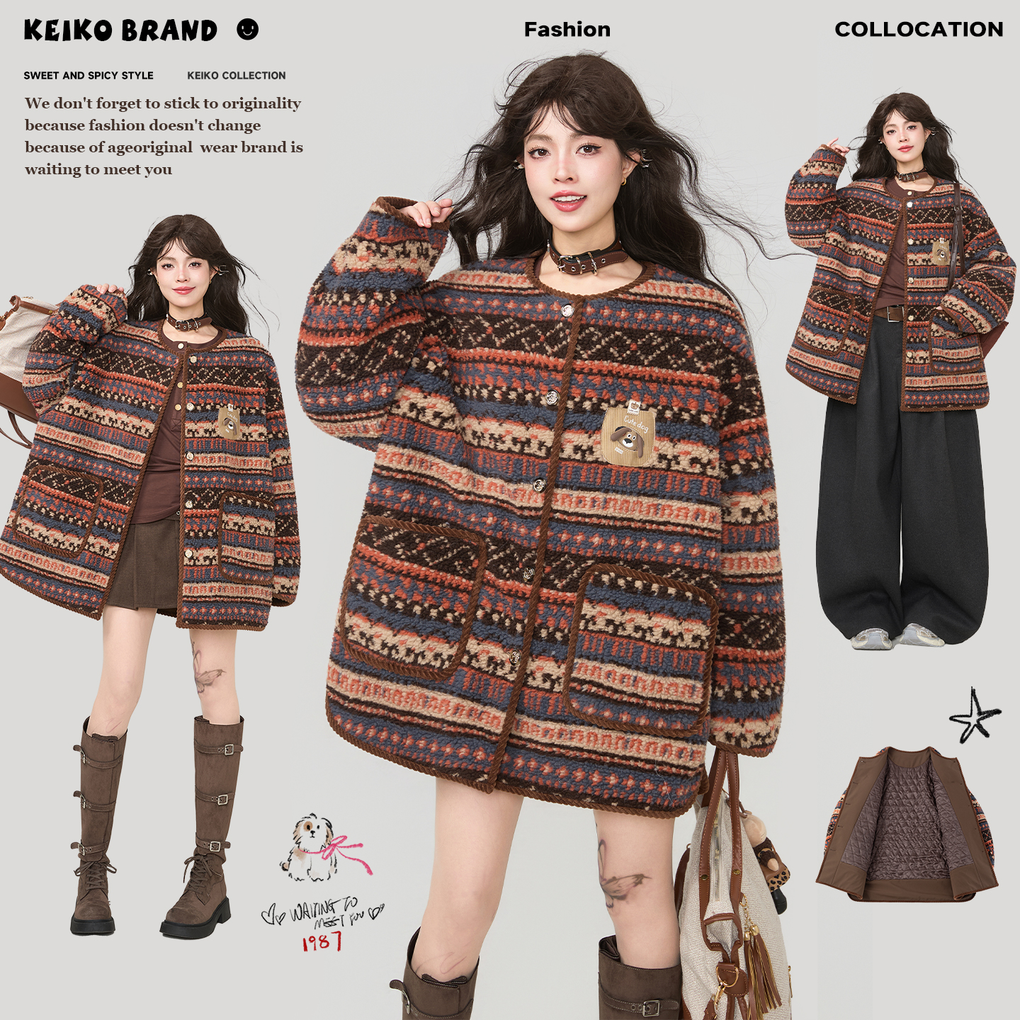 KEIKO [夹棉] 费尔岛花纹羊羔毛外套女冬季复古感颗粒绒宽松棉服