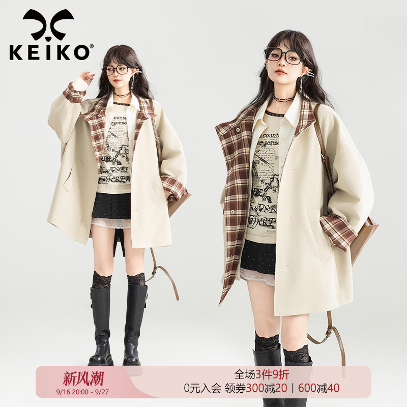 KEIKO复古通勤拼格子廓形风衣