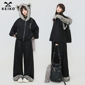 甜酷毛绒连帽卫衣套装 2026新款 加绒加厚外套 KEIKO 休闲裤 两件套