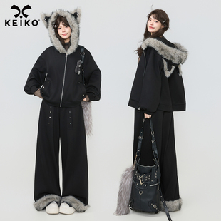 KEIKO 甜酷毛绒连帽卫衣套装2026新款加绒加厚外套+休闲裤两件套