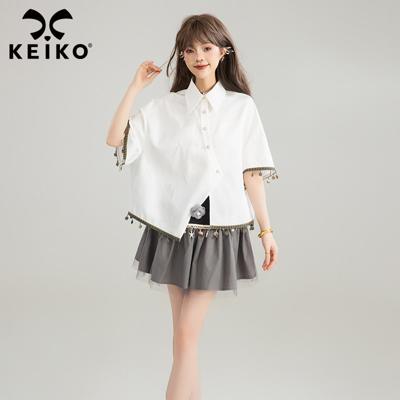 KEIKO新中式流苏织带短袖衬衫图片