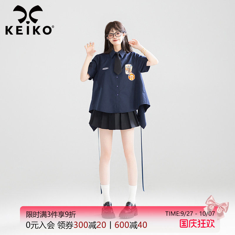 KEIKO 甜系蝴蝶结扎花饰短袖衬衫女夏季学院风小众设计绝美小上衣