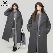 KEIKO 高级感拼接灰色毛呢大衣早春时髦知识分子气质廓形长款 外套
