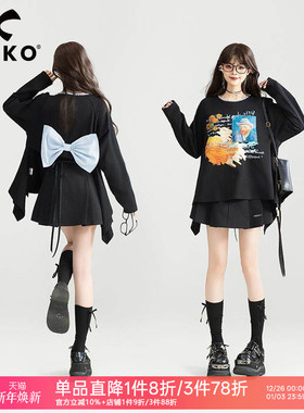 KEIKO 蝴蝶结girl 甜系黑色长袖t恤26春季元气少女感前长后短上衣