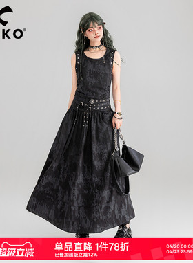 KEIKO酷飒新中式扎染黑色连衣裙夏季铆钉饰系带显瘦大U领背心长裙