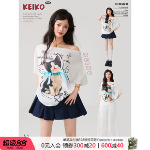 KEIKO 白色松弛感斜肩短袖t恤夏季美式复古猫咪印花宽松显瘦上衣