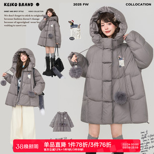 KEIKO 韩系少女感灰色连帽棉服面包服2025冬季保暖不臃肿棉袄外套