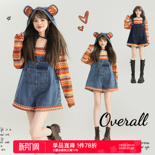 复古减龄阔腿连身短裤 KEIKO 春季 少女感撞色牛仔背带裤 可卸帽