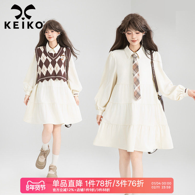 KEIKO[抗皱垂感]甜系泡泡袖polo领连衣裙25秋季蓬蓬显瘦A字衬衫裙