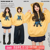 甜酷风明黄色连帽卫衣早春美式 KEIKO 加密绒 萌猫印花加厚外套