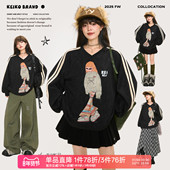 高街撞色织带印花T恤26春季 KEIKO 美式 球衣风运动休闲宽松V领卫衣