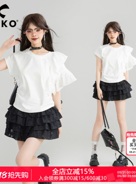 KEIKO不对称荷叶袖拼接白色t恤女25夏季小众设计棉质圆领短袖上衣