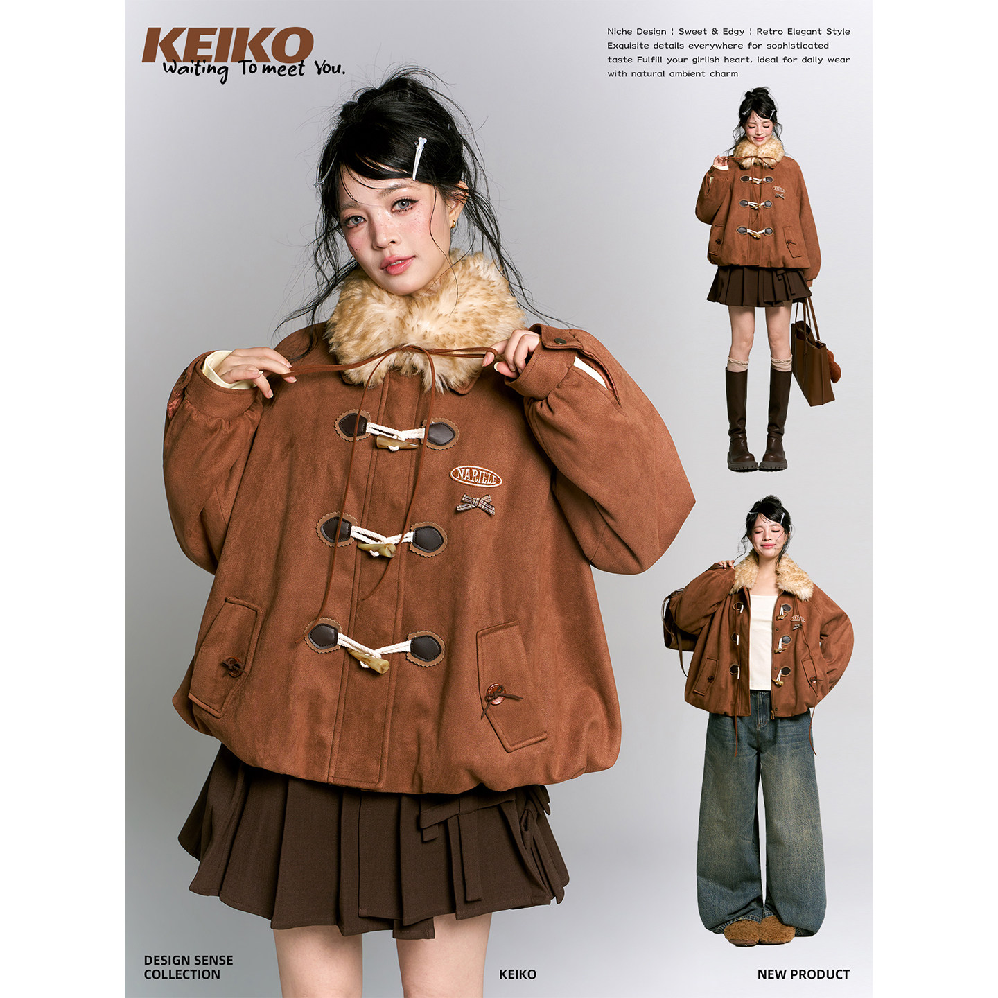 KEIKO复古牛角扣夹棉麂皮棉服