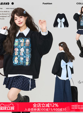KEIKO 少女风蝴蝶结扎花黑色加绒卫衣女新款涂鸦印花宽松圆领上衣