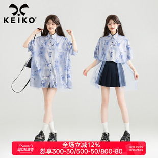 女25夏季 衬衫 仙灵轻纱拼接宽松雪纺上衣 水墨晕染蝴蝶花短袖 KEIKO