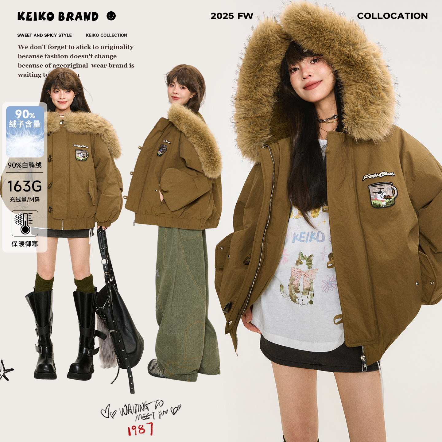 KEIKO[重磅白鸭绒] 美式大毛领连帽加厚羽绒服冬季复古短款派克服