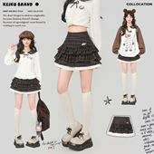 KEIKO 摩卡棕色格纹拼接蓬蓬蛋糕裙26春夏学院复古高腰A字半身裙