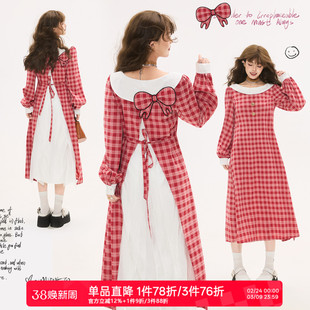KEIKO 复古文艺红色格子长袖连衣裙25秋季千金感后开叉拼色长裙子