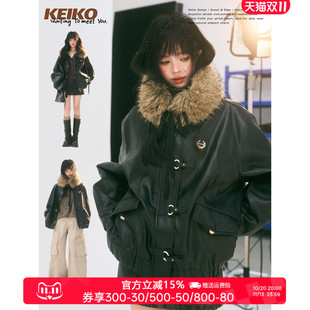 KEIKO [夹棉] 可拆毛领廓形皮衣棉服女冬季复古软皮机车夹克外套