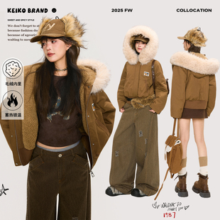KEIKO [毛绒内里]美式乡村风短款连帽棉服冬季宽松休闲派克服外套