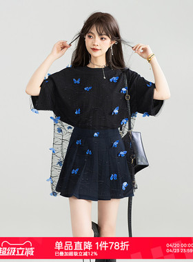 KEIKO 仙灵蝴蝶花薄纱拼接T恤女酷感慵懒宽松显瘦黑色短袖上衣