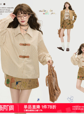 KEIKO 巴恩风格子长袖衬衫女2026春季通勤复古灯笼袖宽松纯棉上衣