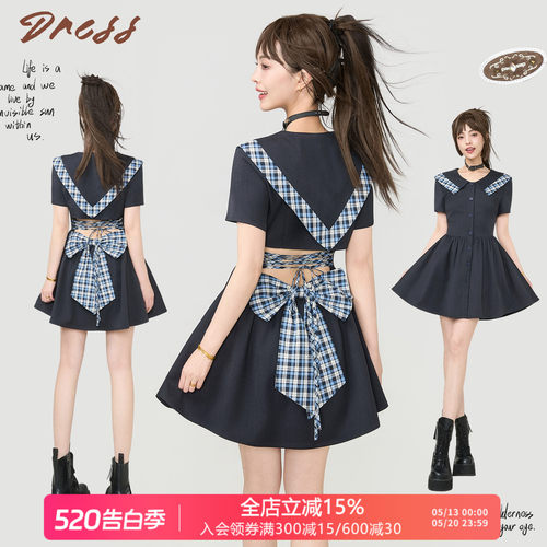 KEIKO海军领格纹蝴蝶结连衣裙
