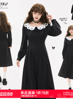 KEIKO 韩系ins风刺绣花形领黑色长袖连衣裙春季千金感显瘦连衣裙