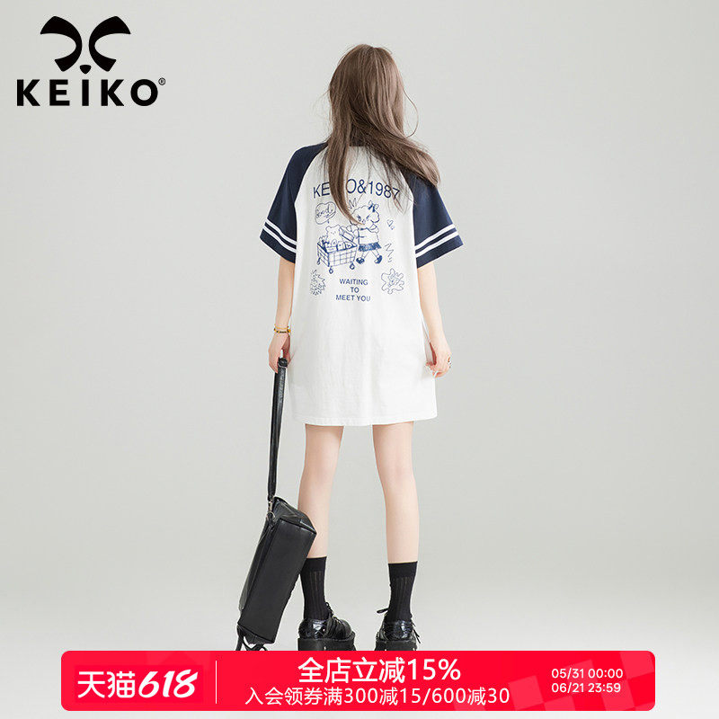 KEIKO 美式泽西风polo领连衣裙夏季复古学院风印花插肩短袖t恤裙