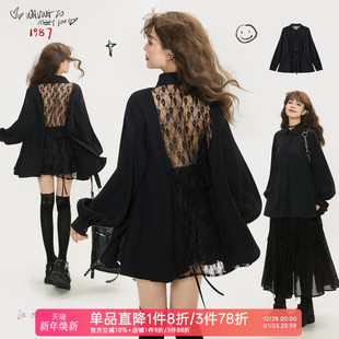 女25秋季 衬衫 性感知性黑色系带薄外套 轻熟风镂空露背长袖 KEIKO