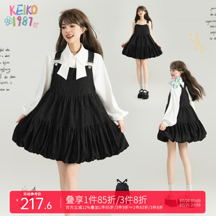 甜酷黑色牛仔背帶連衣裙25夏季 KEIKO 早秋復古減齡蓬蓬花苞蛋糕裙