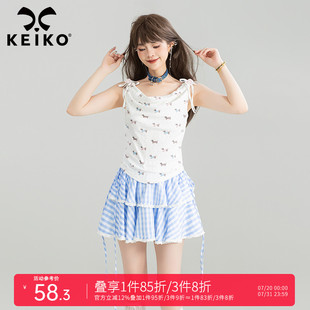 KEIKO 收腰显瘦白色小背心上衣 设计感印花系带无袖 t恤女2025夏季
