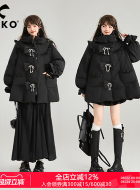 KEIKO [高克重229g白鸭绒]黑色斗篷型羽绒服冬季蝴蝶结饰加厚外套