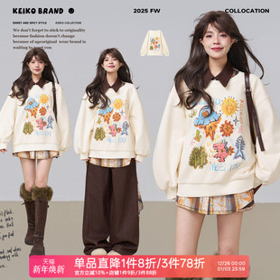 KEIKO 上衣 涂鸦卡通印花加绒卫衣女25秋冬减龄宽松圆领休闲长袖