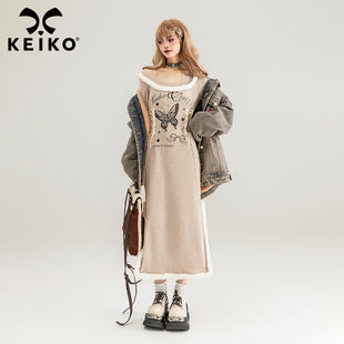 甜辣妹印花修身 显瘦包臀长裙 大U领绑带收腰针织连衣裙春季 KEIKO