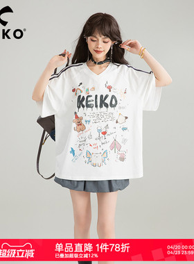 KEIKO 泽西风涂鸦印花白色短袖t恤夏季美式运动球衣风显瘦V领上衣